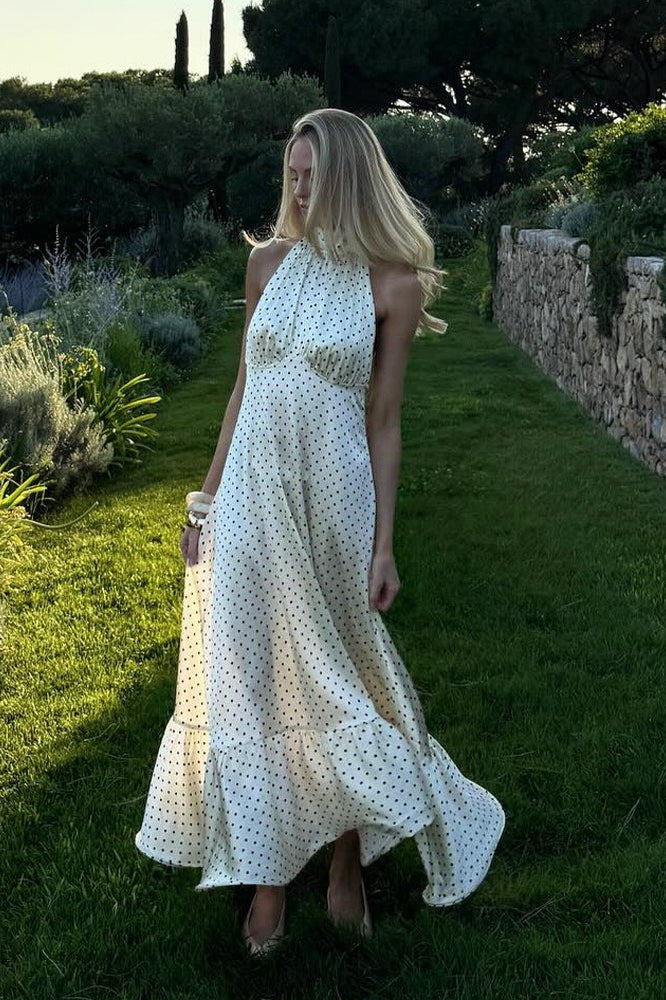 Polka Dot Halter Back Sash Tie Ruffle Hem Backless Satin Maxi Dress