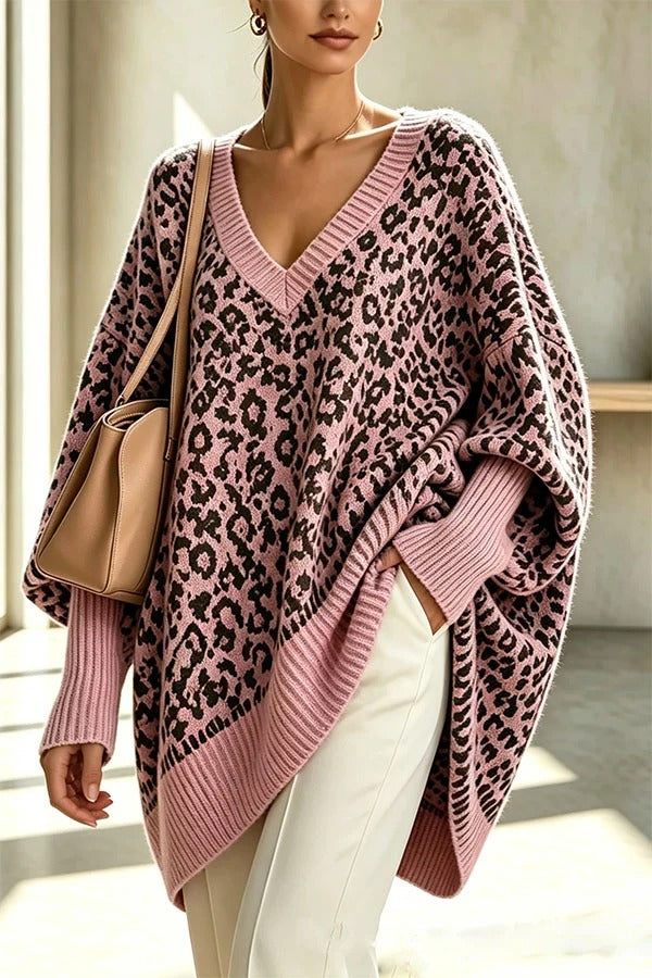 Relaxed Style Knit Leopard Print V-neck Batwing Sleeve Loose Sweater