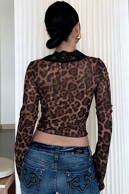 Printed Mesh Ruffled Sheer Chic Crop Top