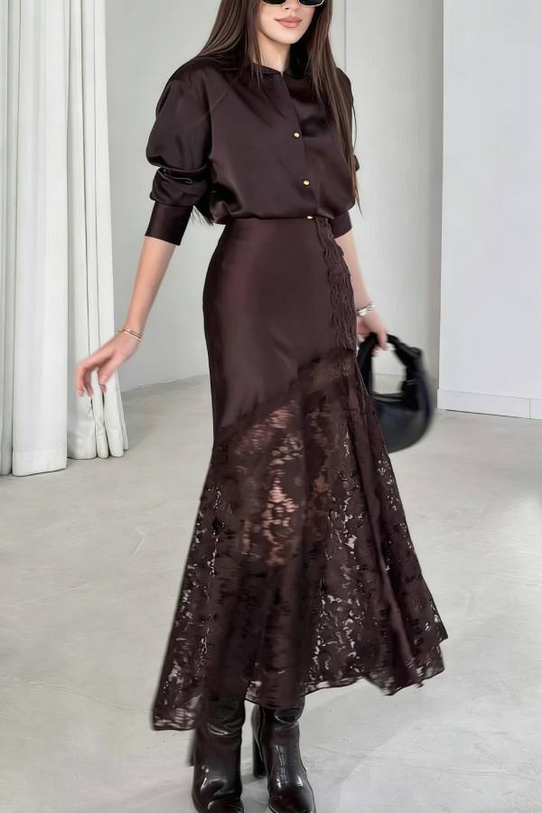 Solid Color Silk Satin and Lace Spliced elegant Maxi Skirt