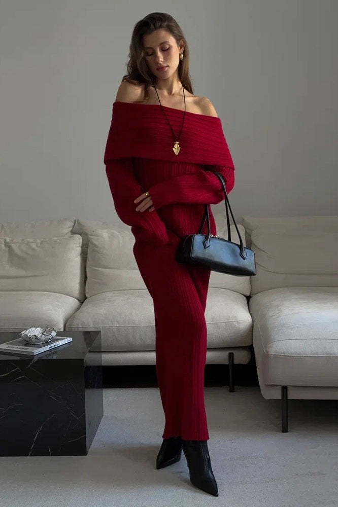 Knit Off Shoulder Long Sleeve Bodycon Sweater Dress