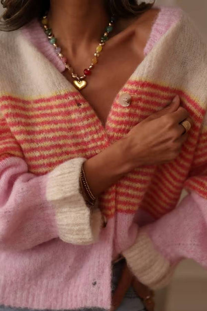 Color‑Block Stripe Cropped Mohair Knit Cardigan