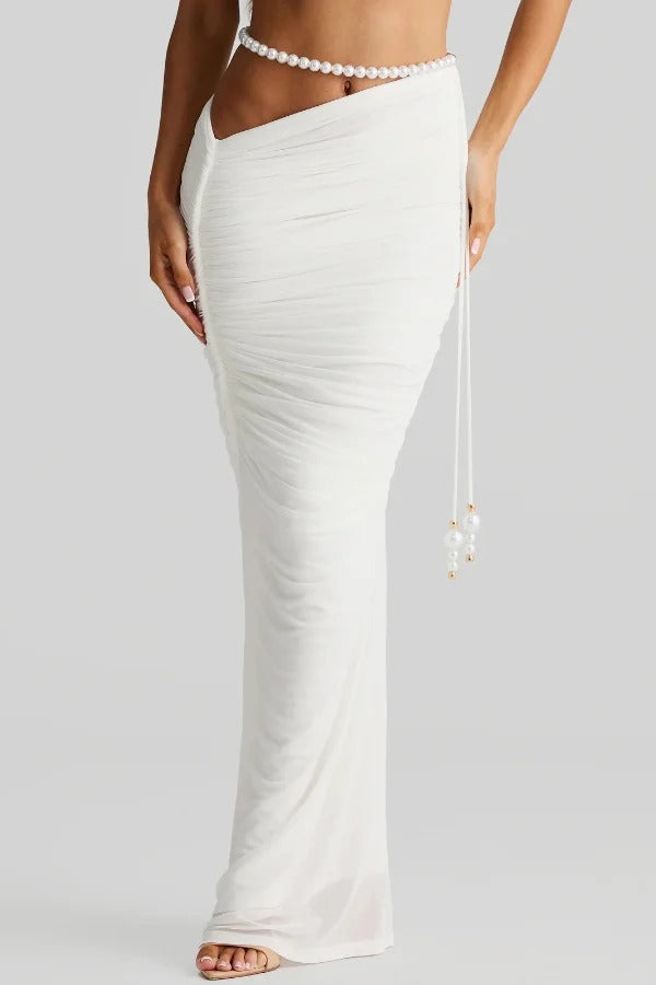Imalia Stretch Mesh Pearl Trim Gathered Tank and Detachable Belt Vacation Maxi Skirt Set