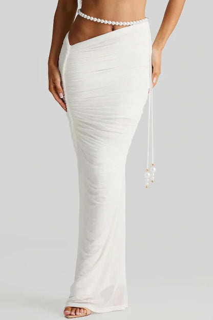 Imalia Stretch Mesh Pearl Trim Gathered Tank and Detachable Belt Vacation Maxi Skirt Set