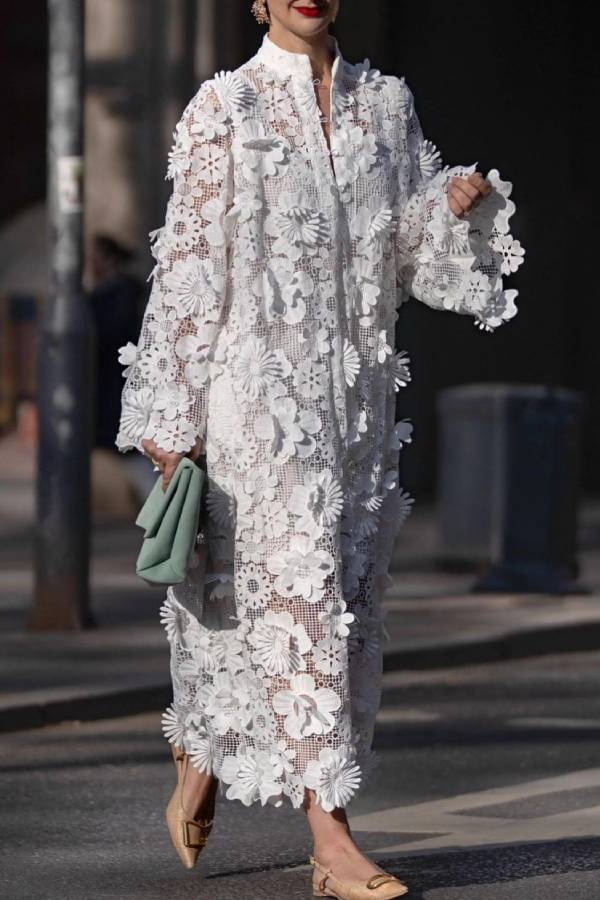 3D Floral Embroidered Stand-Collar Long Coat