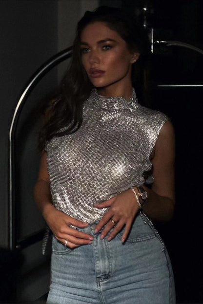 Full Rhinestone High Neck Crop Top