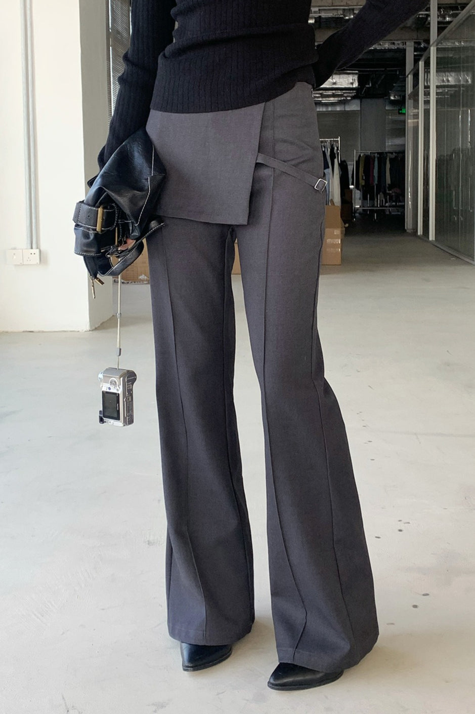 Faux Two Piece Skirt Overlay Flare Pants