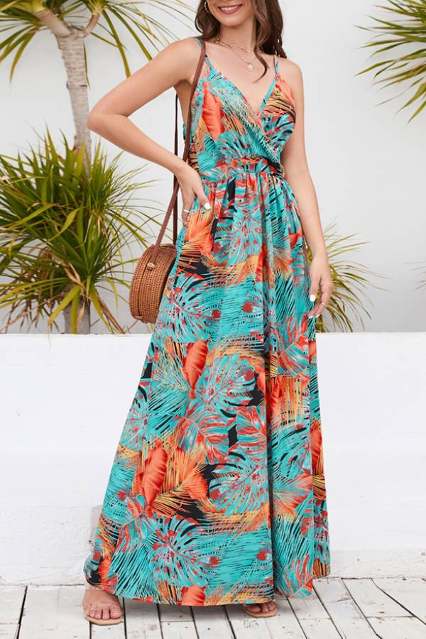 Spaghetti Strap Tropical Print Waist-Cinched Maxi Dress
