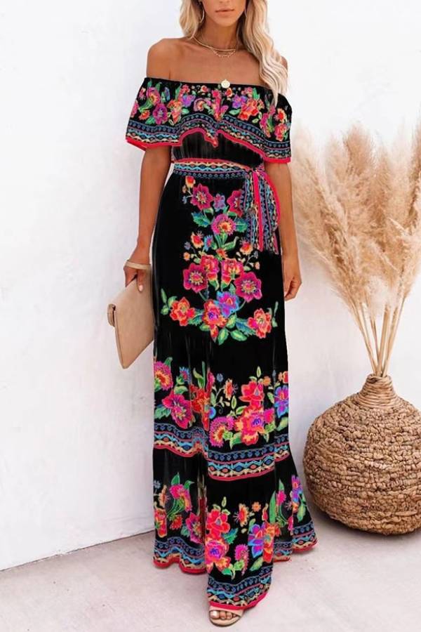 Bohemian Off-Shoulder Floral Print Maxi Dress