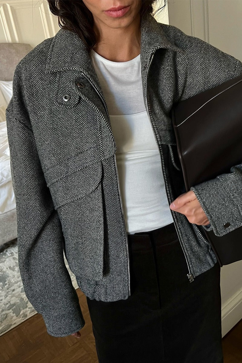 Herringbone Stand Collar Relaxed Coat