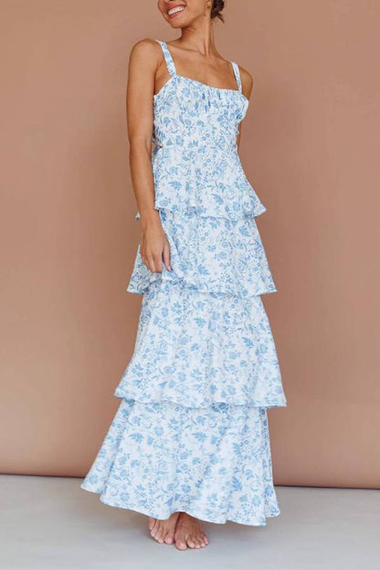 Floral Square Neck Cami Tiered Ruffle Maxi Dress