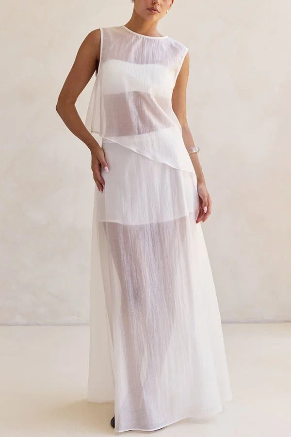 Lena Semi-sheer Irregular Hem Top and High Rise Side Zipper A-line Maxi Skirt Set
