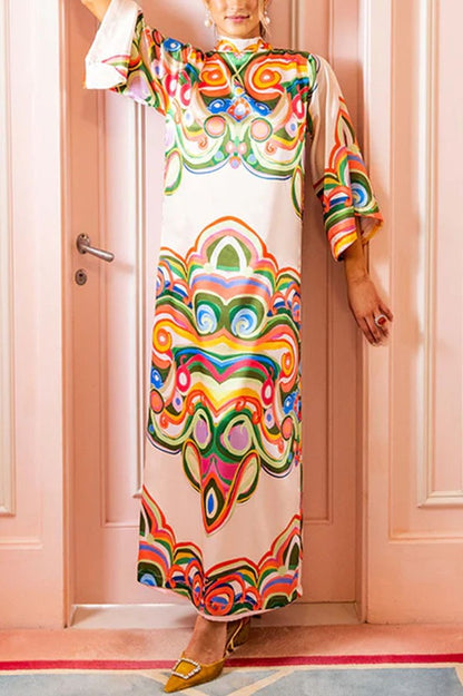 Venice Satin Colorful Baroque Style Print High Neck Tie-up Half Bell Sleeve Maxi Dress