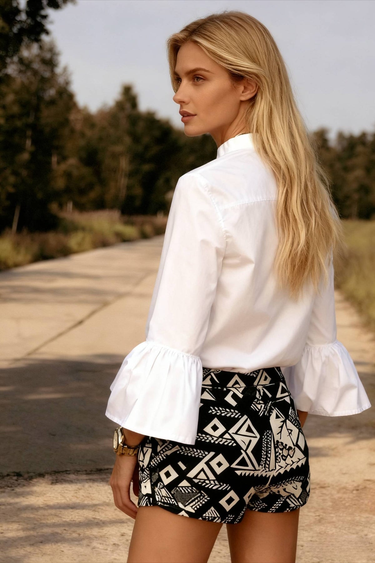 Blouse Office Arm - V Button Women's Flare Up White Neck Blouse
