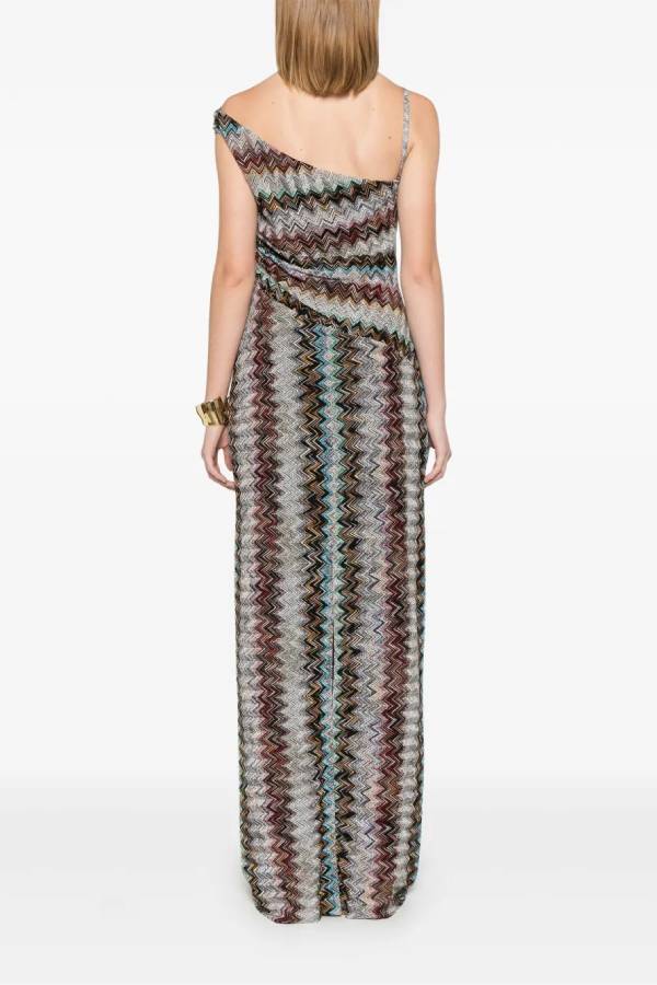 Cocktails and Vacation Knit Colorful Zigzag Pattern One Shoulder Slit Maxi Dress