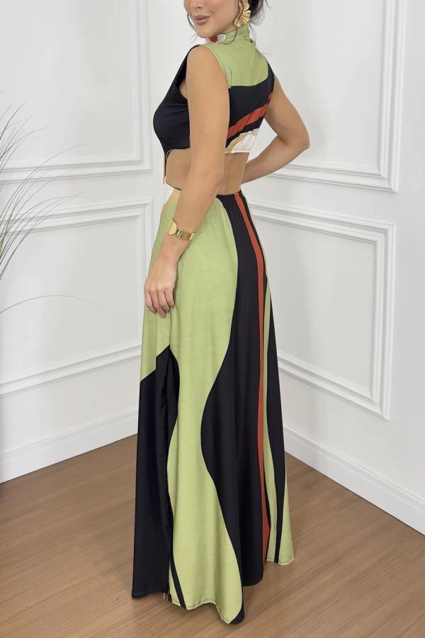 Bettie Printed High Neck Square Buckle Cutout Waist Maxi Dress