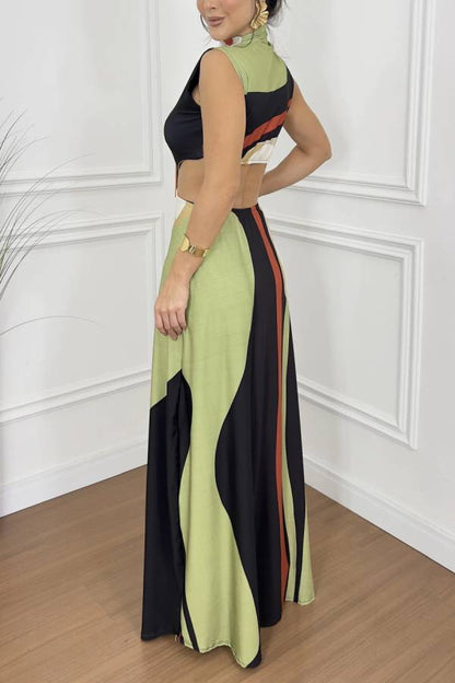 Bettie Printed High Neck Square Buckle Cutout Waist Maxi Dress