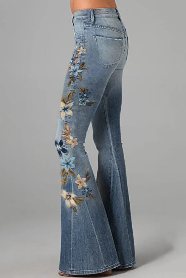 Unique Printed High-waisted Pocket Casual Flared Jeans