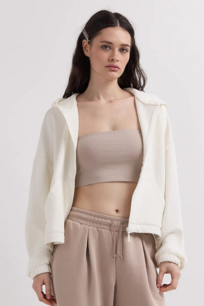 Cropped Fleece Zip Adjustable Waist Hoodie