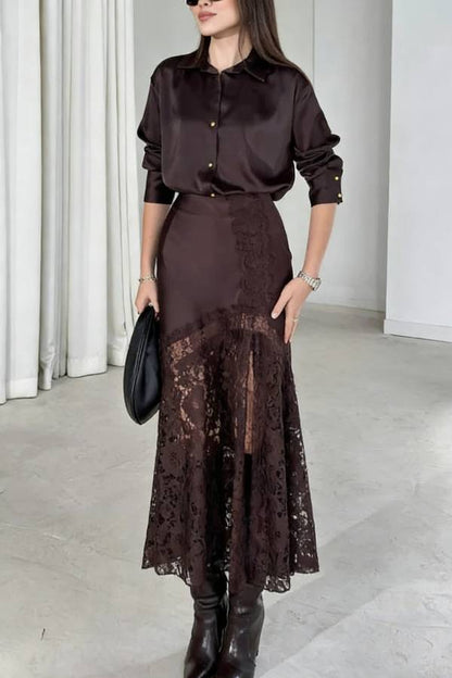 Solid Color Silk Satin Texture Single-breasted Long-sleeved Loose Shirt