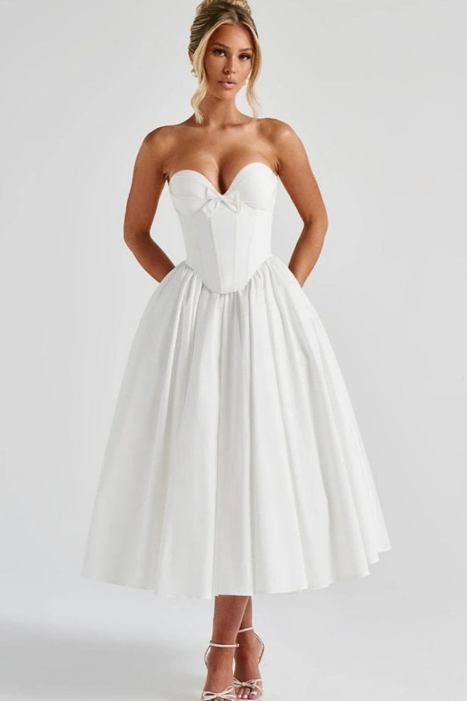 Romantic Bow Boned Strapless Slim Solid Prom Dress