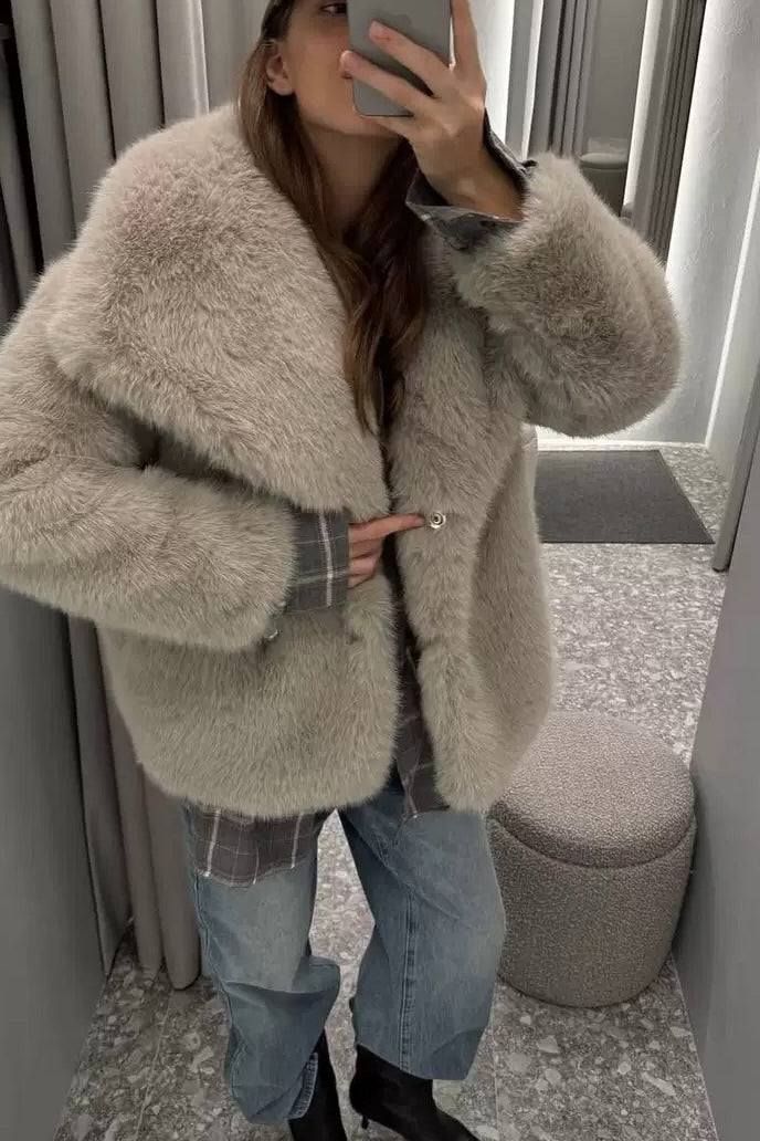 Eco Faux Fox Fur Notch Lapel Plush Coat