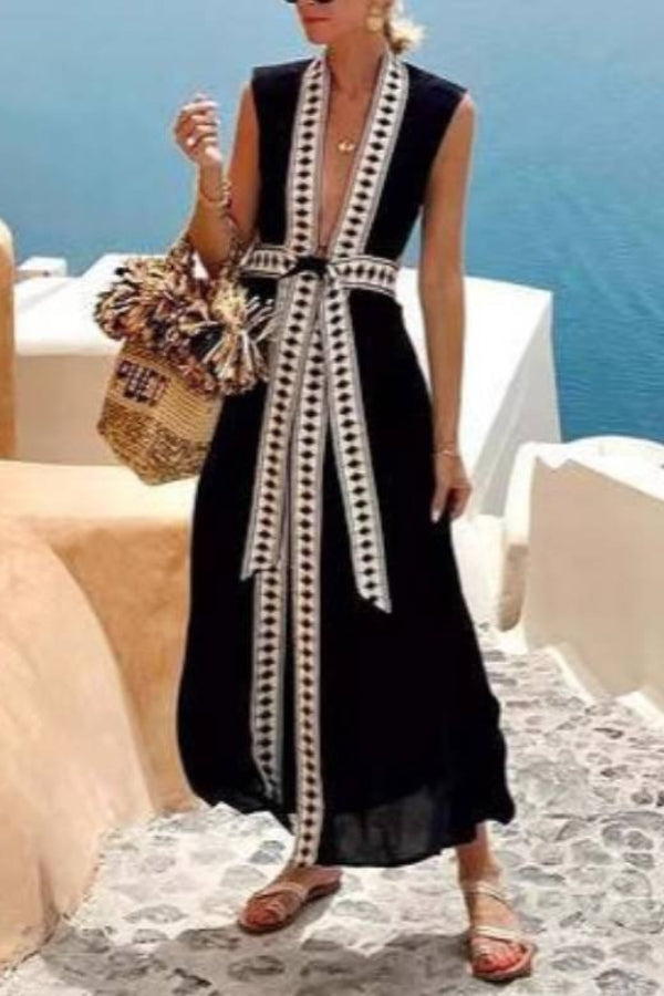 Black Geometric Deep V Sleeveless Cutout Waist Tie-Up Maxi Dress
