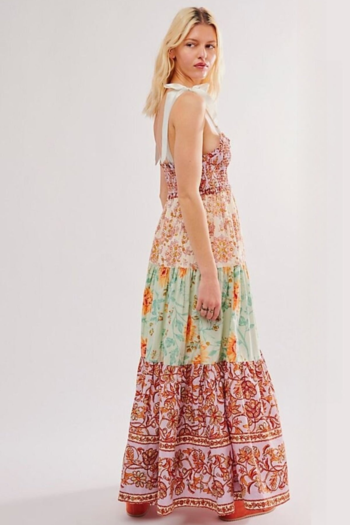 Gingham Patchwork Floral Print Boho Dress