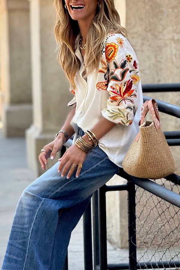 Bohemian Floral Embroidered Linen Shirt