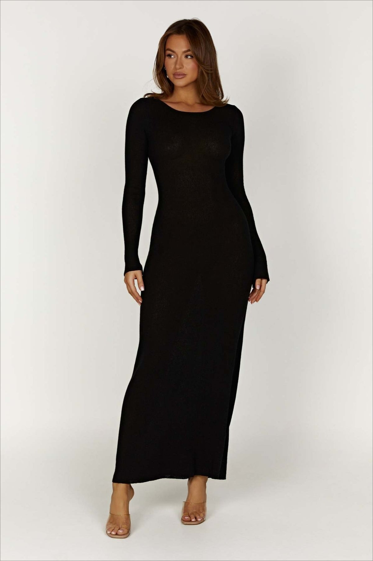 Knit Backless Tie Waist Long Sleeve Bodycon Dress