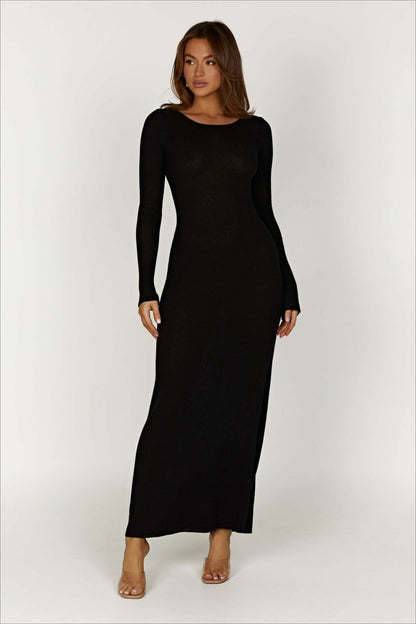 Knit Backless Tie Waist Long Sleeve Bodycon Dress