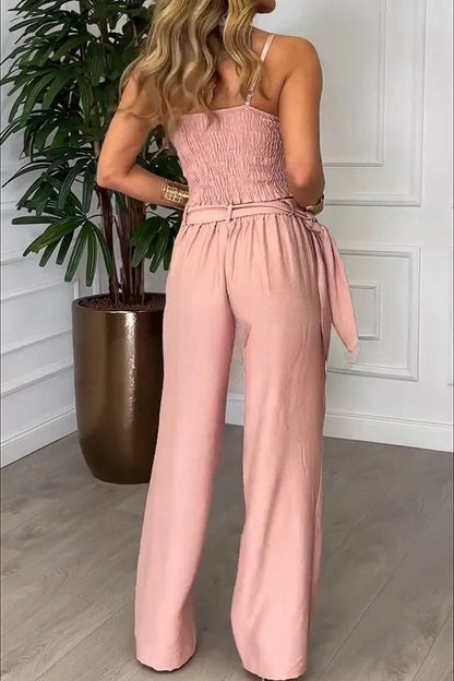 Kathy Linen Blend Cross Halter Smocked Top and Elastic Waist Wrap Tie-up Pants Set