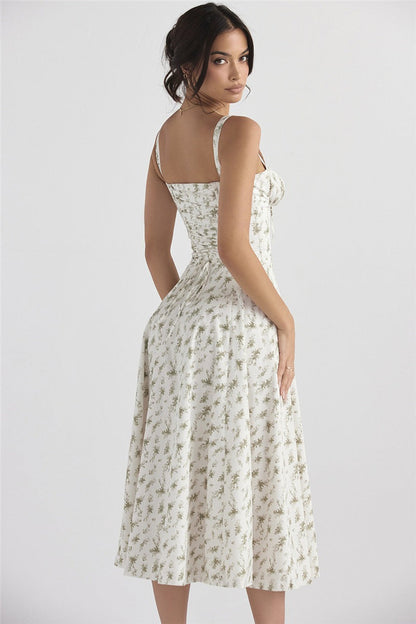 Floral Corset Sweetheart Spaghetti Strap Lace Trim A-Line Midi Dress
