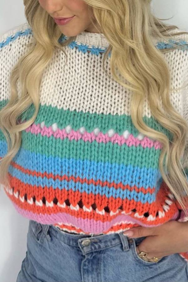 Rainbow Mood Multicolor Round Neck Hollow Long Sleeve Knitted Sweater