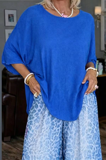 Solid Batwing Sleeve Top & Gradient Blue Leopard Wide Leg Pant Two-Piece Set