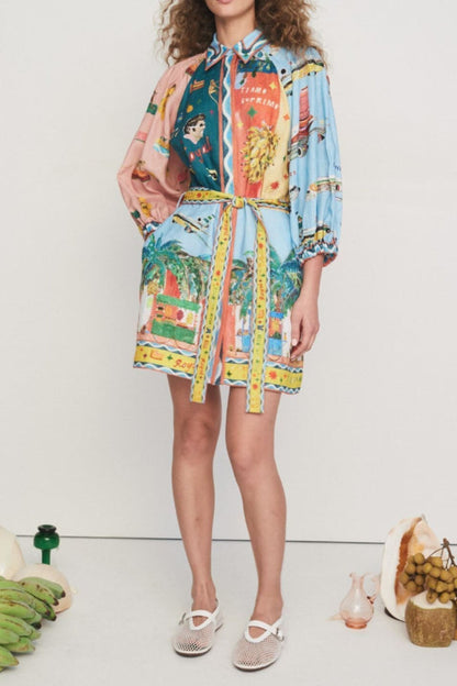 Linen Blend Unique Print Balloon Sleeve Belted Pocket Shirt Mini Dress