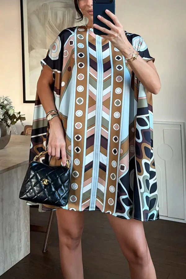 Jaylene Satin Unique Artistic Print Short Sleeve Loose-fitting Mini Dress