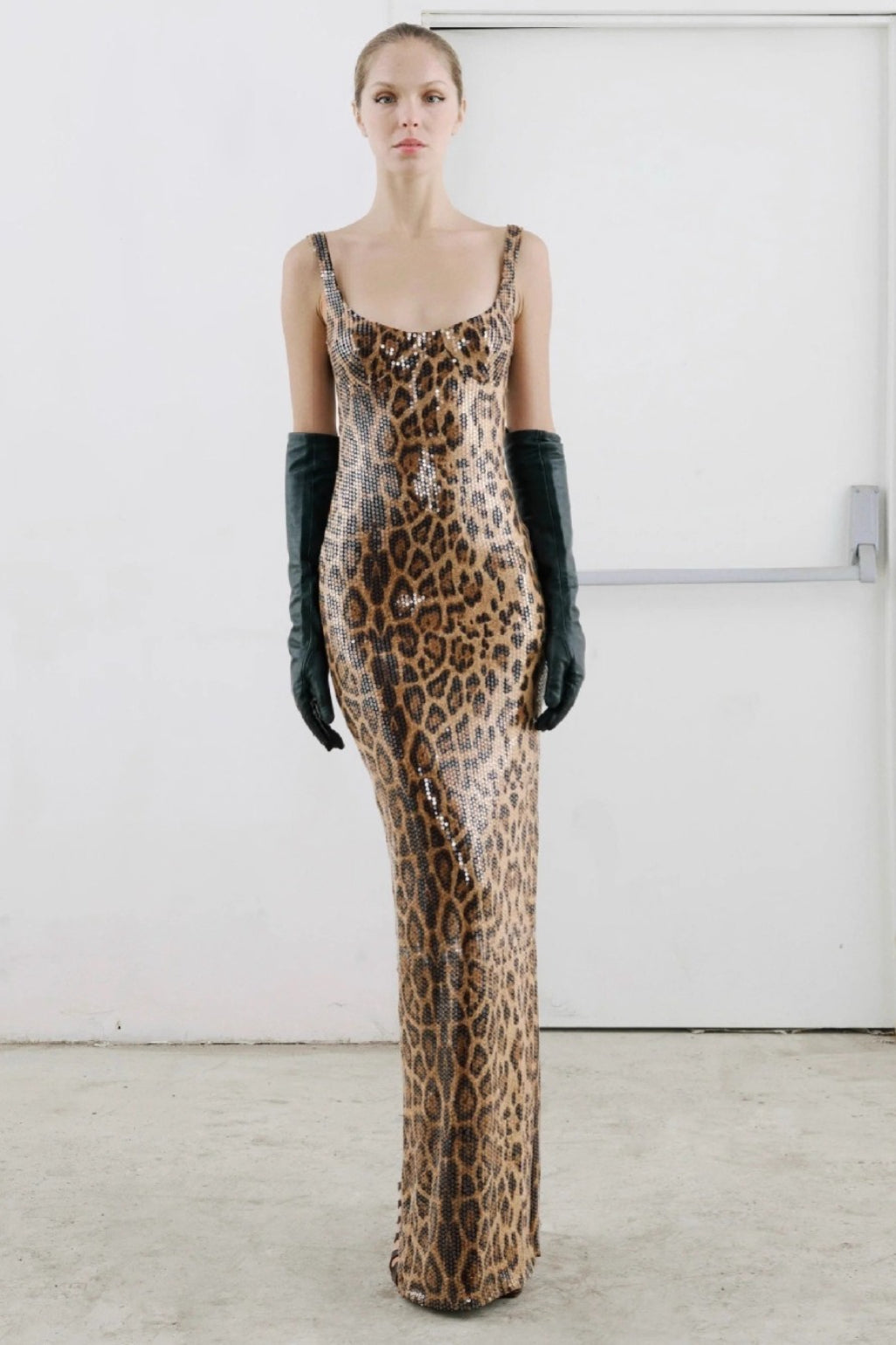 Leopard Sequin Sheer Cape Spaghetti Strap Backless Prom Dress