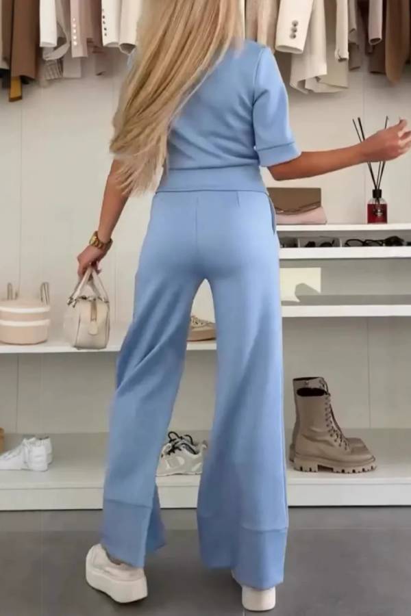 Casual suit short sleeve solid color high waist wide leg pants