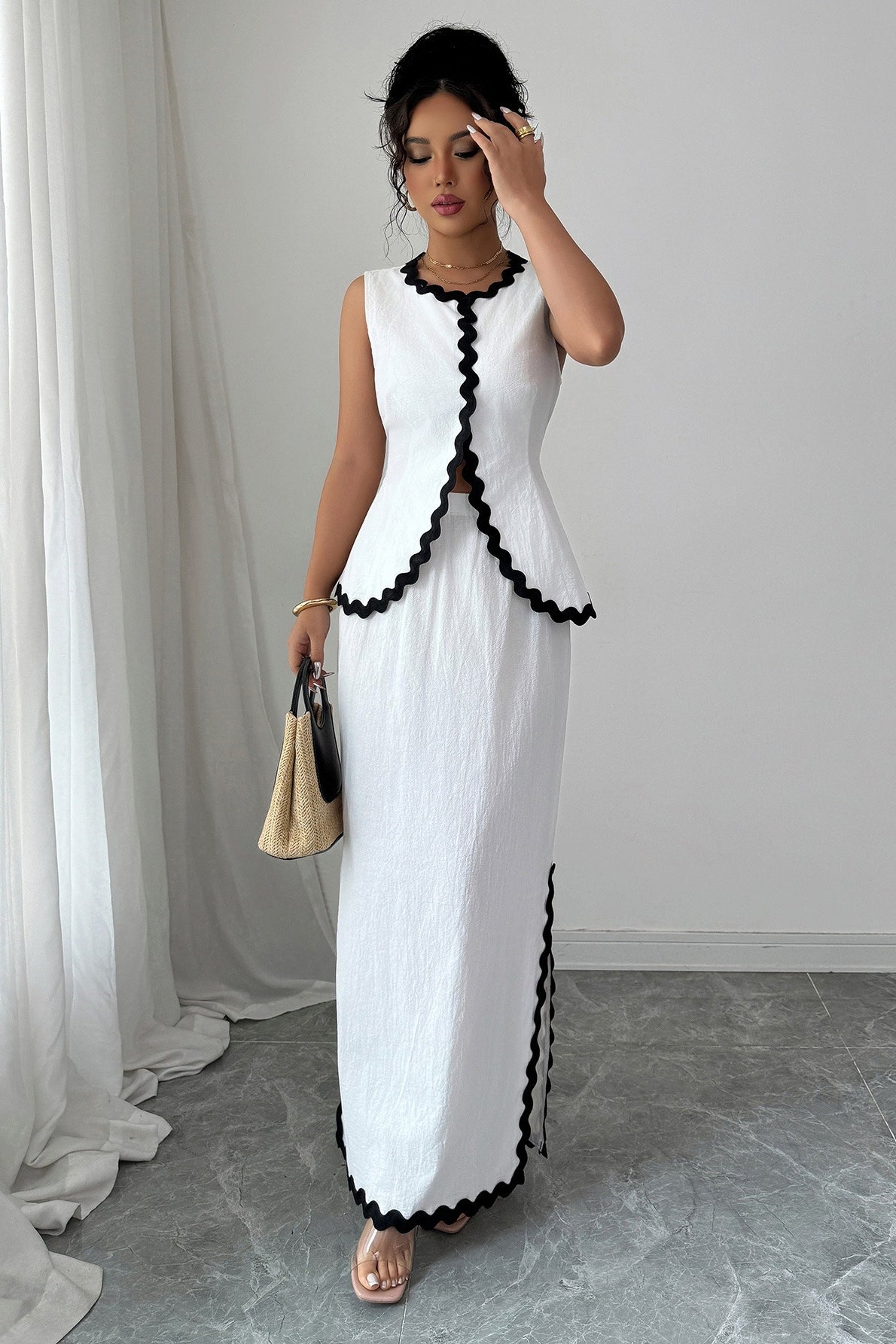 Romantic Lace Trim Vest High Waist Skirt Set