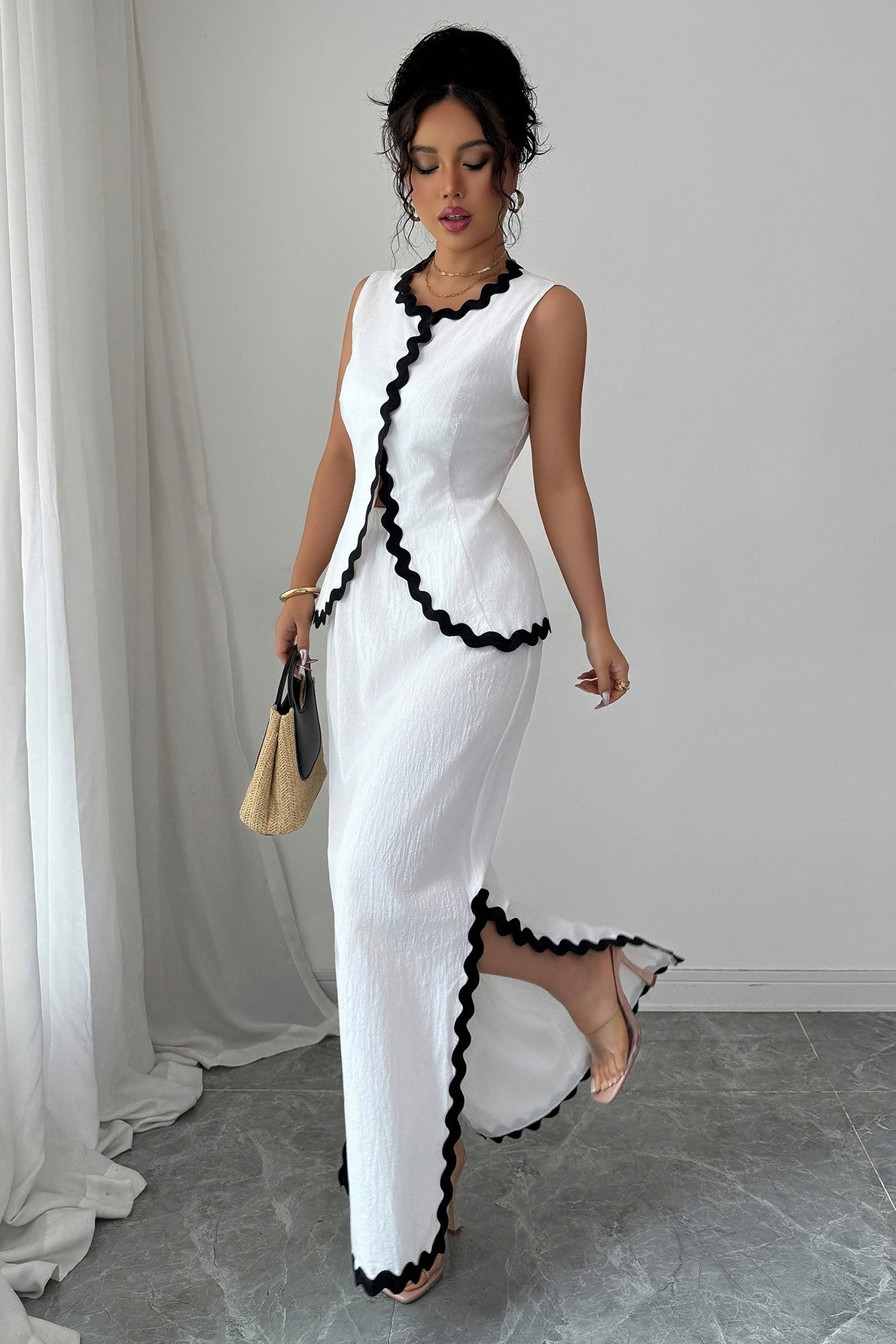 Romantic Lace Trim Vest High Waist Skirt Set