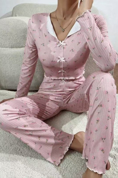 Bow Collar Cuffed Print Pajama Set
