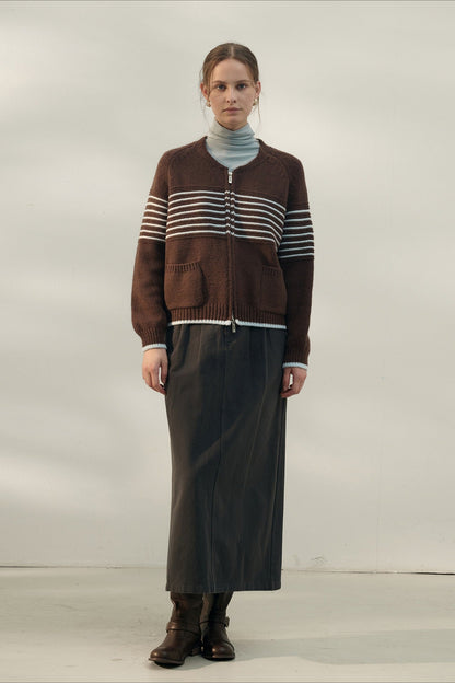 Retro Stripe Zip V-Neck Knit Top