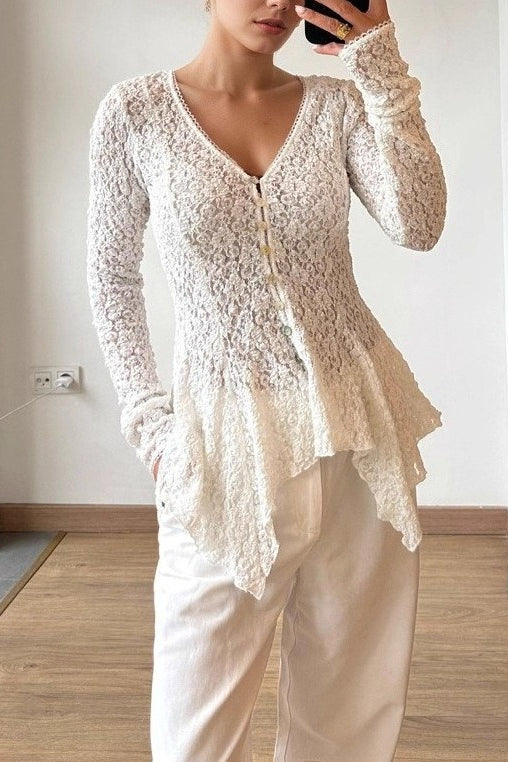 Lace Button Front Slim Elegant Versatile Long Sleeve Blouse