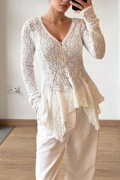 Lace Button Front Slim Elegant Versatile Long Sleeve Blouse
