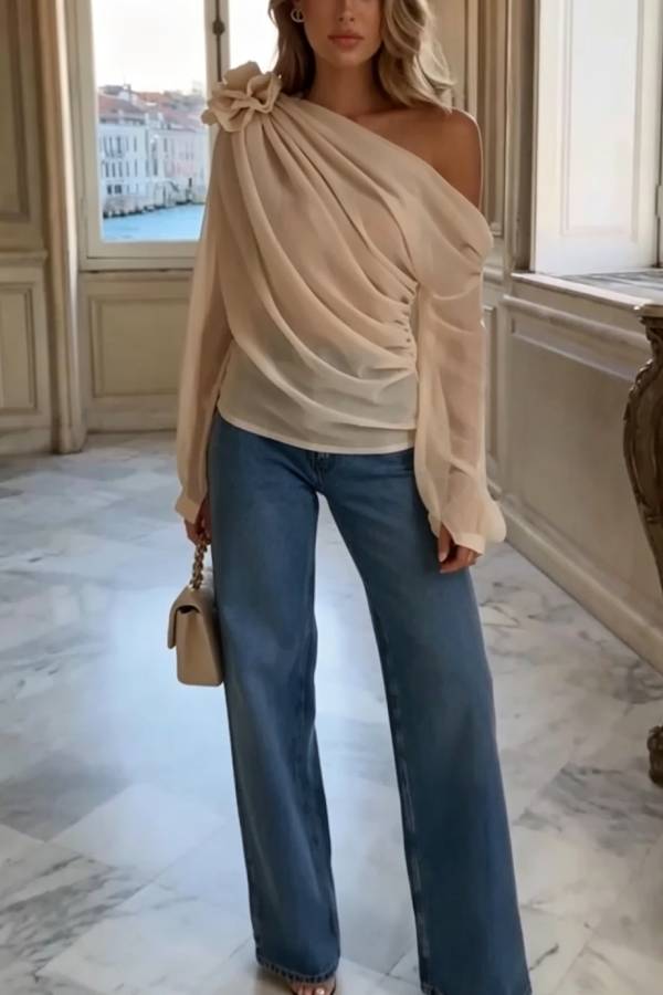 Nayla Chiffon 3D Floral One Shoulder Long Balloon Sleeve Drape Blouse