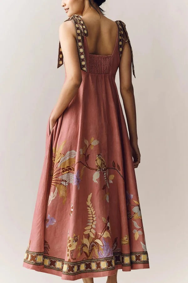Linen Blend Unique Printed Tie-up Suspenders Pocket Elegant Vacation Maxi Dress