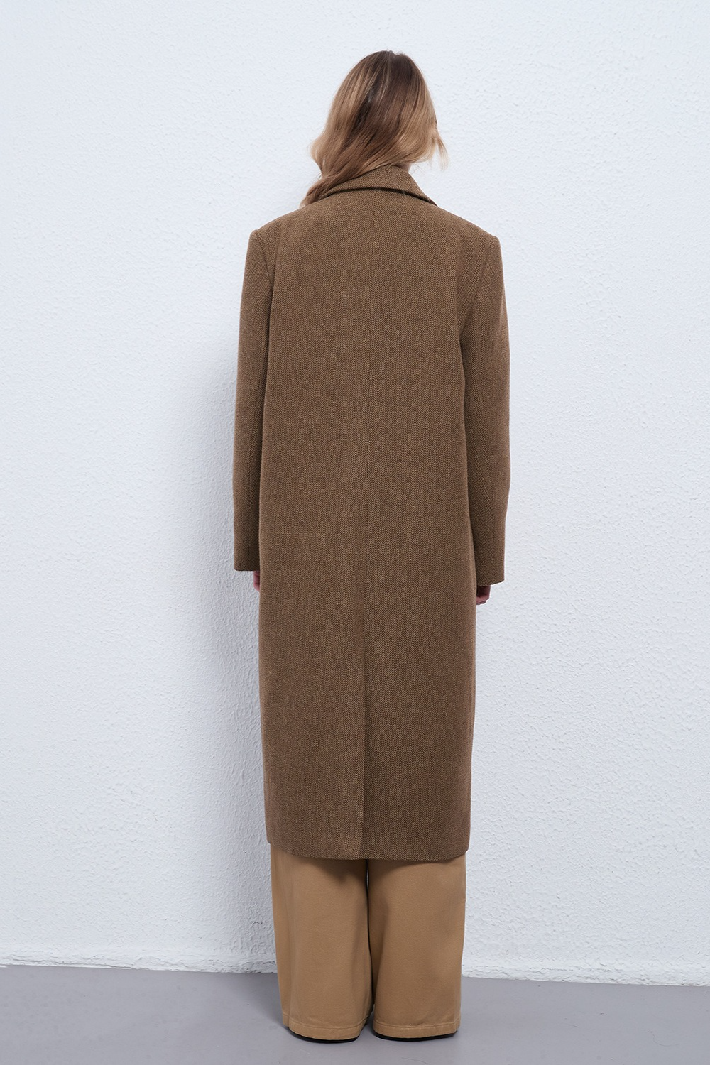 Wool Cashmere Herringbone Mid Long Thick Overcoat