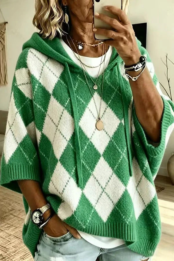 Comfortable and Casual Knit Color-blocked Plaid Print Half Sleeve Hoodie Sweater
