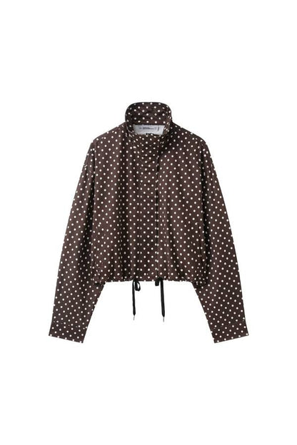 Polka Dot Print Stand Collar Zip-Up Drawstring Cropped Jacket